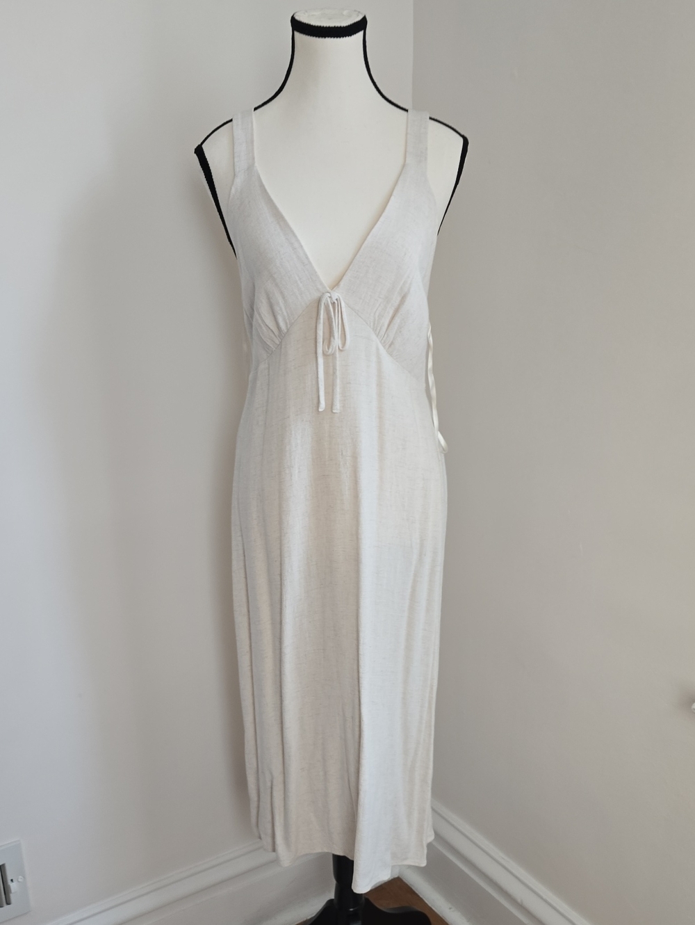 Monteau Cream V-Neck Tie-Front Linen Blend Dress Size Large